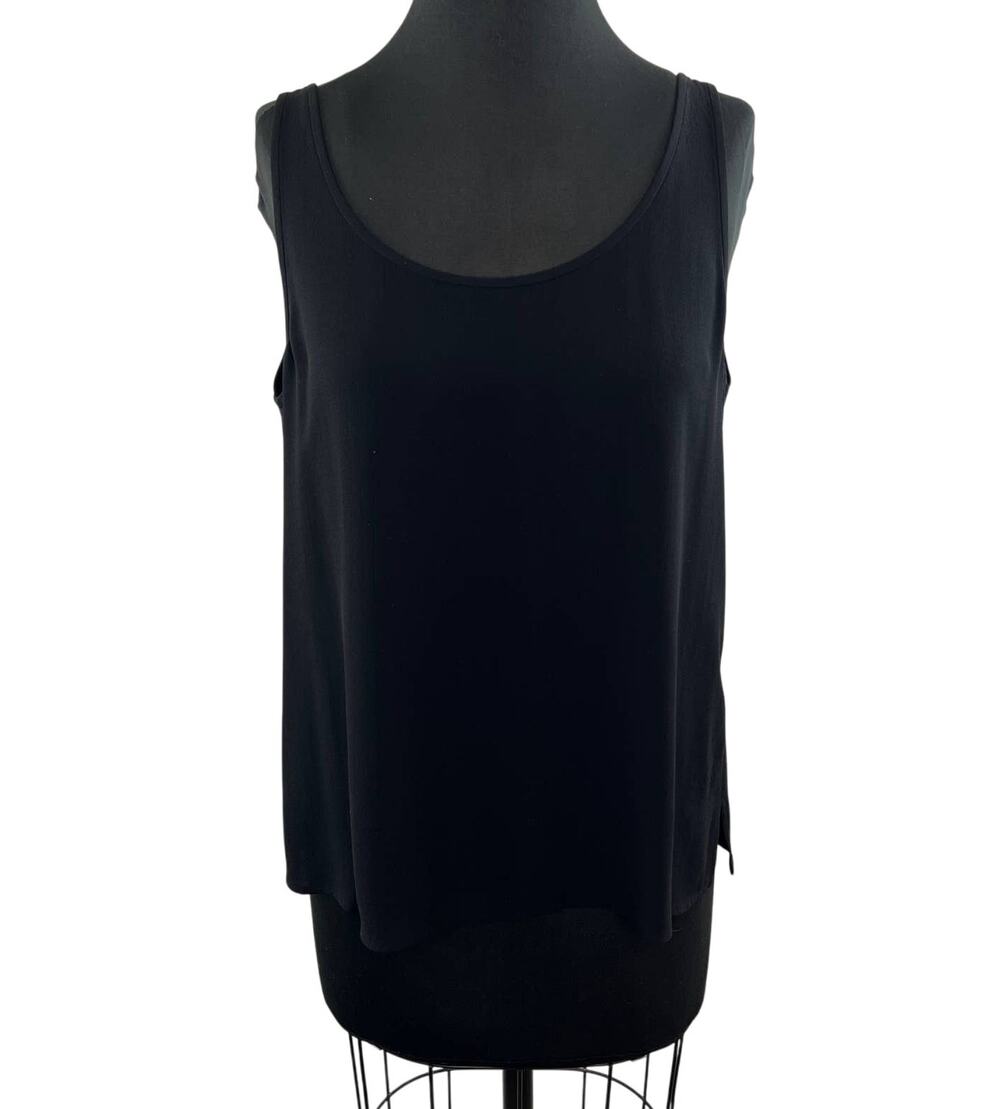 EILEEN FISHER Black 100% Silk Crepe Round Neck Sleeveless Tunic Top Tank Medium